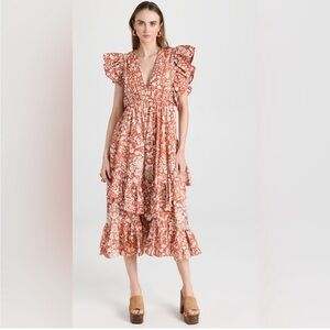 ULLA JOHNSON •  Delila Midi Ruffle Dress Orange Blossom Floral Print